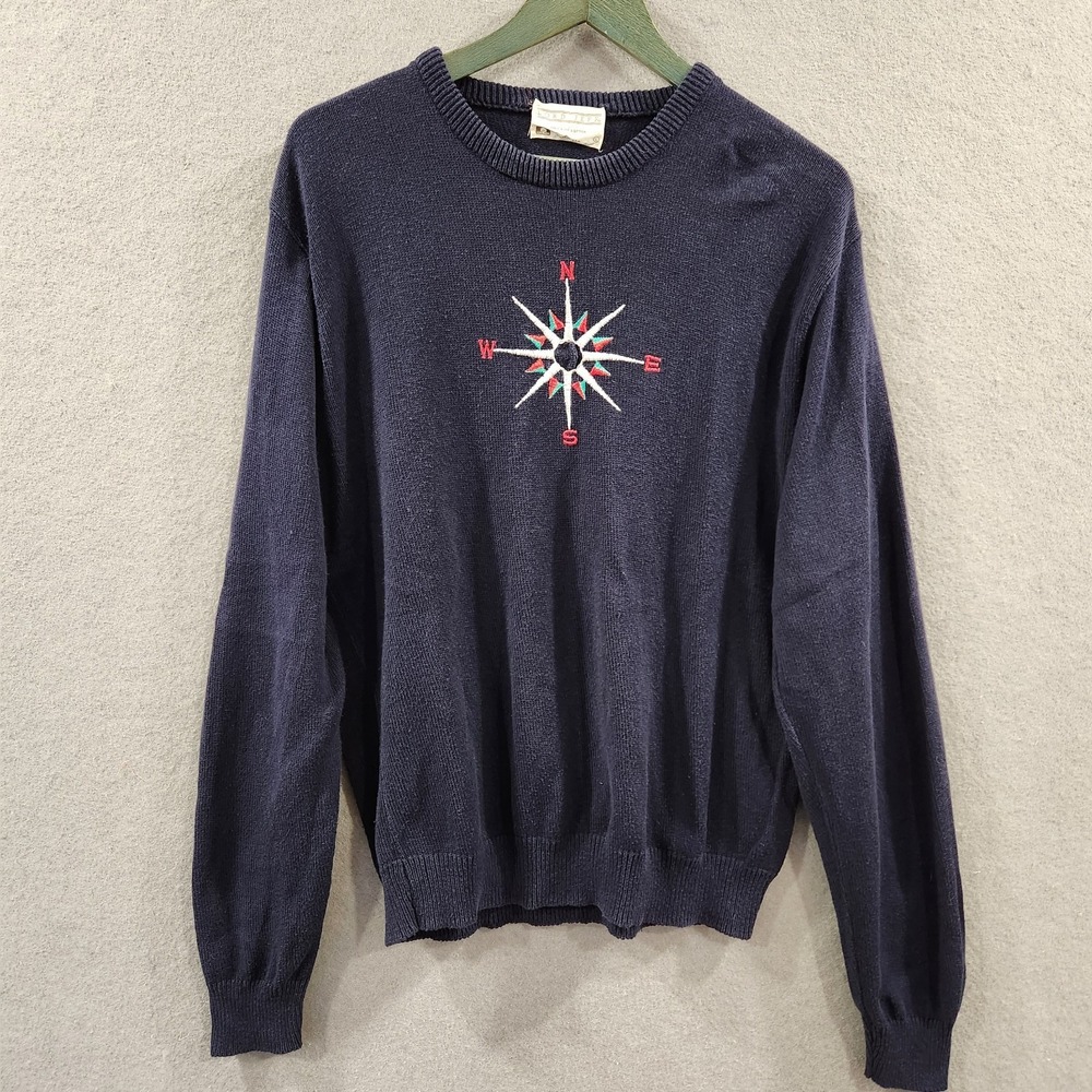 Vtg Lord Jeff Sweater Mens L Blue Fine Cotton Embroidered Compass Nautical RARE